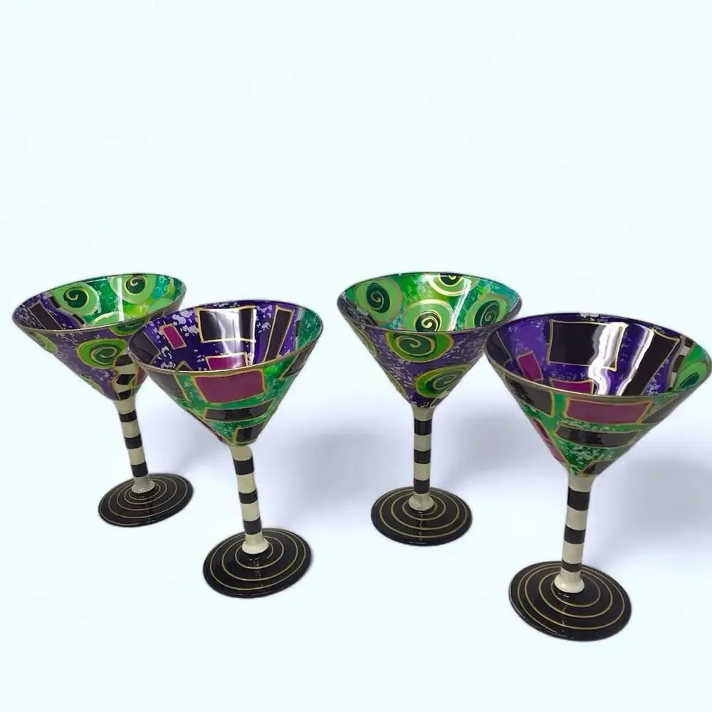 Festive 4 Martini Glasses Hand Painted Colorful Avant Garde Art Deco 50s